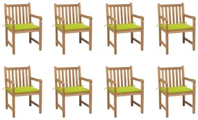 Cadeiras de jardim almofadões verde brilhante 8 pcs teca maciça