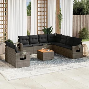 10 pcs conjunto sofás de jardim c/ almofadões vime PE cinzento