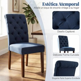 Conjunto de 2 cadeiras de jantar com encosto alto, assento almofadado e pernas em madeira maciça para sala de jantar em azul-marinho