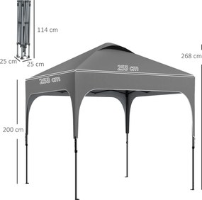 Tenda de jardim pop-up dobrável 2,5 x 2,5 m, altura ajustável, tecido Oxford com proteção UV50+, estrutura em aço, saco de transporte cinzento