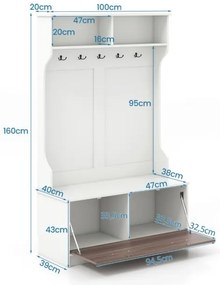 Cabide para entrada com sapateira  100 x 40 x 160 cm, armário de entrada com banco, 2 compartimentos abertos, branco