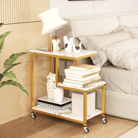Mesa lateral sala, quarto de 3 níveis com prateleiras abertas e rodas bloqueáveis para sala de estar 59 x 30 x 61 cm Branco e Dourada