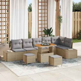Conjunto de Sofá de Jardim vidaXL de 9 Peças com Almofadas Bege Vime PE Acácia