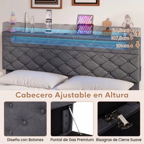 Estrutura de cama 140x200 cm (COLCHÃO NÃO INCLUIDO) com LED USB, estofado, gavetas, cabeceira ajustável, espaço de arrumação, ripas de madeira, não ne