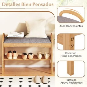 Banco para sapatos em bambu 70 x 31 x 51 cm com 2 níveis com almofada acolchoada e prateleira – ideal para a entrada, corredor, sala de estar e quarto