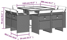 9 pcs conjunto de jantar p/ jardim c/ almofadões vime PE cinza