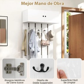 Cabide de parede para hall de entrada 90 x 33 x 210 cm com 5 ganchos duplos e armário com 2 portas e prateleira superior Branco