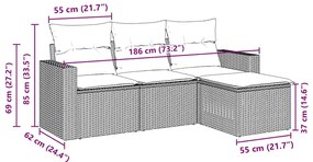 4 pcs conjunto sofás de jardim c/ almofadões vime PE castanho