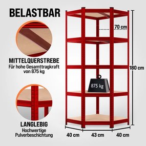 Estante de canto em aço caves, garagens, oficinas, arrecadações para cargas pesadas até 875 kg Vermelha