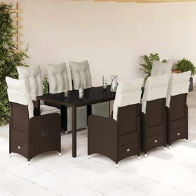 9 pcs conjunto bistrô de jardim c/ almofadões vime PE castanho