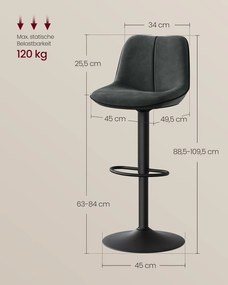 Conjunto de 2 bancos altos ajustáveis em altura com assento giratório e revestimento em veludo 49,5 x 45 x 88,5–109,5 cm Antracite