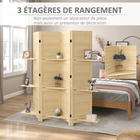 Biombo de interior de 4 painéis, 160 cm (L) x 170 cm (A), com 3 prateleiras dobráveis, divisória de ambientes, portas com persianas, acabamento natura