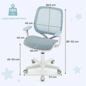 Cadeira giratória para crianças com altura ajustável, rodas com travão e apoios de braços ergonómica azul