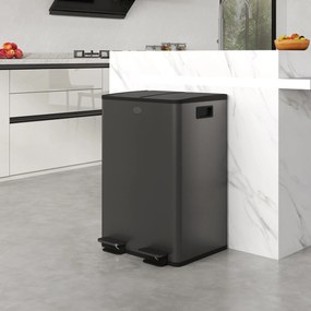 Caixote do lixo de cozinha 45,8 x 36 x 67,6 cm com 2 compartimentos de 2 x 28 L, aço inoxidável, tampa com fecho suave, preto