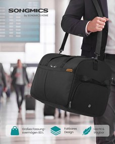 Saco desportivo preto dobrável de 80 L com compartimento para sapatos e compartimento para roupa molhada Preto