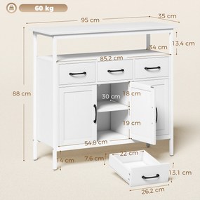 Aparador de cozinha 95 x 35 x 88 cm, móvel de arrumação, 3 portas, 3 gavetas, compartimento aberto e prateleiras ajustáveis, branco