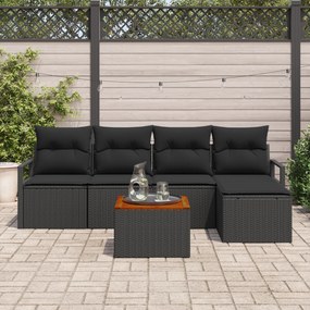 Conjunto de Sofá de Jardim com 6 Peças e Almofadas Preto Rattan Acácia