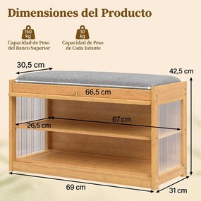 Banco-Sapateira, 69 x 31 x 42,5 cm, Assento Almofadado, Natural
