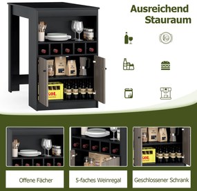 Mesa de bar, cozinha com prateleiras para vinhos 120 x 60 x 91,5 cm e compartimentos abertos e 2 portas, para 2 pessoas Preto + Cinza