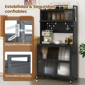 Armário de cozinha 80 x 40 x 160 cm de 5 níveis com suporte para micro-ondas com portas Armário para despensa com rodas Cinzento