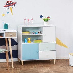Móvel Infantil Cómoda para Crianças com 2 Compartimentos 2 Gavetas e 2 Armários para Armazenamento de Livros Brinquedos Roupa 80x30x85cm Azul