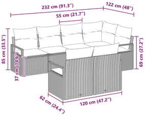 Conjunto de Sofá de Jardim 7 Peças com Almofadas Bege Rattan Poliéster