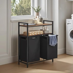 Cesto para roupa suja com 2 compartimentos com 2 prateleiras, saco extraível 73 x 33 x 92 cm castanho vintage-preto