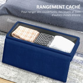 Banco com arrumação 2 em 1, assento com acabamento em veludo e pés em aço 100 x 37,5 x 42 cm, azul e dourado