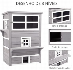 PawHut Casa para Gatos de Madeira Exterior Casa Grande para Gatos de 3 Andares com Múltiplas Entradas Janelas e 2 Plataformas para Terraço Balcão Jardim 98x68,5x122cm Cinza