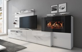 Mobiliário de sala de estar/jantar com lareira eléctrica com 5 níveis de chama, acabamento Lacado Branco Mate e Branco Brilhante, medidas: 290x170x45c
