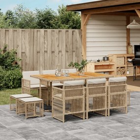 vidaXL 11 pcs conjunto de jantar p/ jardim com almofadões vime PE bege