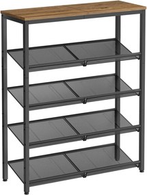 Sapateira VASAGLE, 5 níveis para armazenamento de sapatos com prateleiras e tampo grande, prateleiras de malha ajustáveis, economiza espaço para entrada, corredor, aço, industrial, marrom mel e preto-tinta LBS038K01