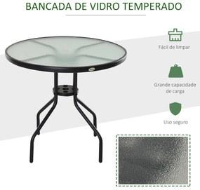 Mesa de Jardim Redonda Mesa Sala de Jantar de Cristal Temperado com Orifício para Chapéu de Sol Estrutura Metálica para Pátio Terraço Exterior Ø80x72c