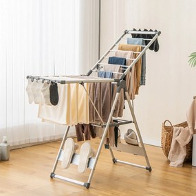 Estendal de roupa duplo de alumínio de 5 camadas com altura ajustável, 21 rodas de secagem, 10 clipes laterais e 4 porta-sapatos Prata e Cinza