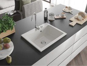 Mexen Elix lava-loiça de granito de 1 cuba 600 x 500 mm, branco, sifão cromado - 6525601005-20