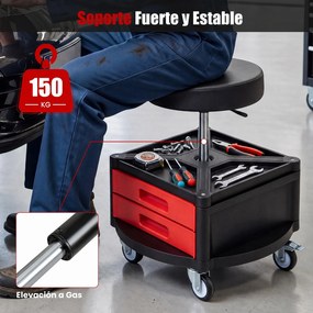 Banco de Oficina com Rodas, 51,5 x 51 x 45-58 cm, Altura Ajustável, Vermelho+Preto