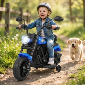 Mota elétrica infantil de 6 V com farol LED, música, 2 rodas, pedais de treino e espelhos retrovisores – a partir dos 18 meses – Preto + Azul