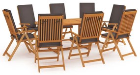 vidaXL 9 pcs conjunto jantar jardim + almofadões cinzentos teca maciça