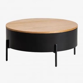 Mesa De Centro Redonda Elevada Em Madeira E Aço (ø80 Cm) Tainara Preto - Castanho Roble - Sklum