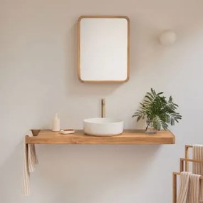 Conjunto De Móvel De Casa De Banho 130x45 Cm Suspenso Em Madeira De Teca Neill Madeira De Teca & Cerâmica Redonda Branca Ø40 Cm Lenka & Dourado Escova
