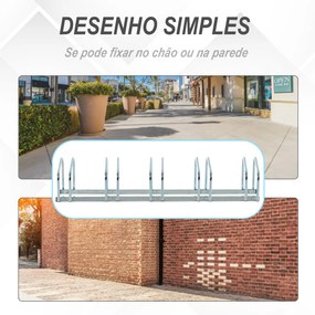 HOMCOM Estacionamento para 5 Bicicletas Suporte de Aço para Estacionar Bicicletas no Chão para Interior e Exterior 145x33x27cm Prata