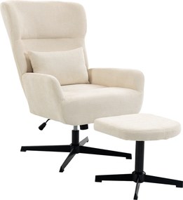 HOMCOM Poltrona lounge giratória 360° com puff, regulável em altura, revestimento em chenille, com almofada lombar, Creme branco | Aosom Portugal