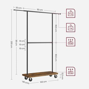 Cabide Guarda Roupa com Rodas 40 x (110-170) x 200 cm Castanho Vintage-preto