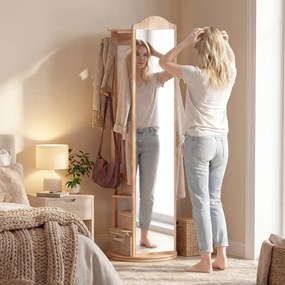 Espelho giratório 3 em 1 com cabideiro, estantes e ganchos – organizador para quarto – 48 x 168 cm – cor Natural