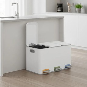 Caixote do lixo com 3 baldes internos de 15 L, 60,5 x 38,8 x 42,7 cm caixote do lixo com pedal em aço, cozinha Branco