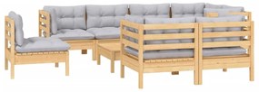 9 pcs conjunto lounge de jardim + almofadões cinza pinho maciço