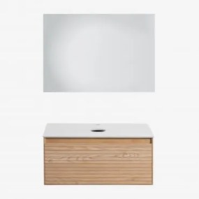 Conjunto De Móvel De Casa De Banho Suspenso 80x50 Cm Em Madeira De Freixo Tedrik Castanho Fresno & Sem Lavatório & Led Retangular - Sklum