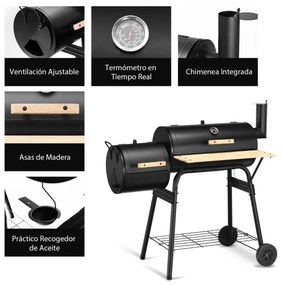 Grelhador a carvão para churrasco com prateleira lateral para fumeiro alças de madeira duas rodas 115 x 65 x 108 cm preto