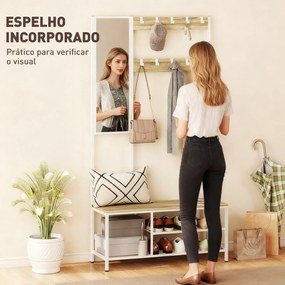 Móvel Cabide de Entrada com Espelho e Sapateira 4 em 1 com 3 Prateleiras Banco 10 Ganchos 98x34x186 cm Madeira