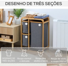 Cesto para Roupa Suja de Bambu Cesto de Roupa com 3 Bolsas de Tecido Amovíveis e Prateleira Aberta para Casa de Banho Dormitório 50x32x69,7cm Cinza e